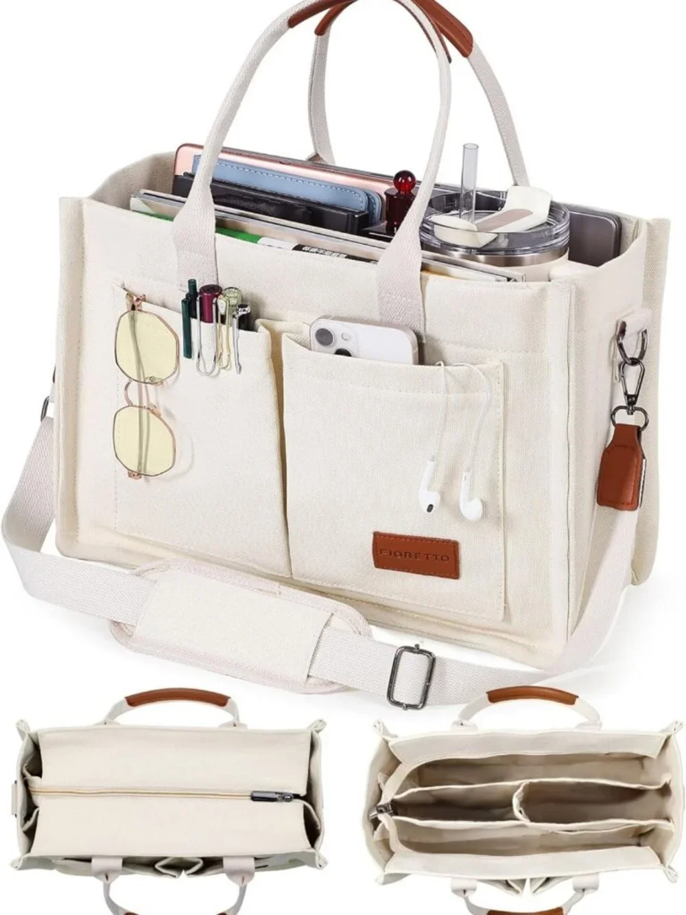 Stylish Canvas Tote Bag for Women - Zipper Closure, Compartments for Work